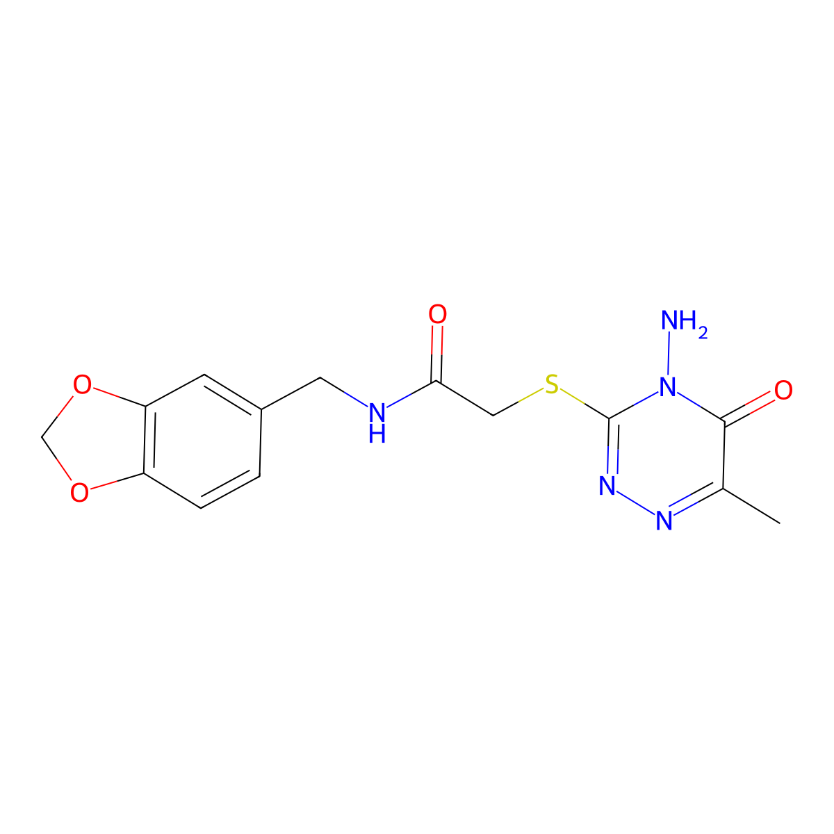 2-[(4-amino-6-methyl-5-oxo-4,5-dihydro-1,2,4-triazin-3-yl)sulfanyl]-N-[(2H-1,3-benzodioxol-5-yl)methyl]acetamide molecular structure, CAS 746607-78-3