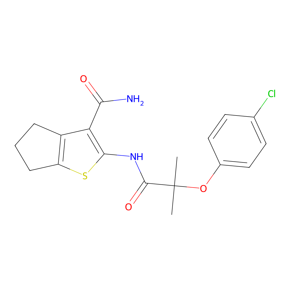 2-[[2-(4-chlorophenoxy)-2-methylpropanoyl]amino]-5,6-dihydro-4H-cyclopenta[b]thiophene-3-carboxamide molecular structure, CAS 746645-01-2