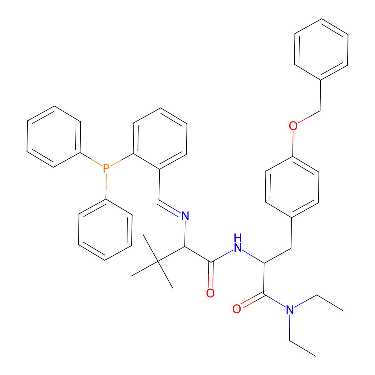 (S)-N-((S)-3-(4-(Benzyloxy)phenyl)-1-(diethylamino)-1-oxopropan-2-yl)-2-(((E)-2-(diphenylphosphaneyl)benzylidene)amino)-3,3-dimethylbutanamide molecular structure, CAS 746646-88-8