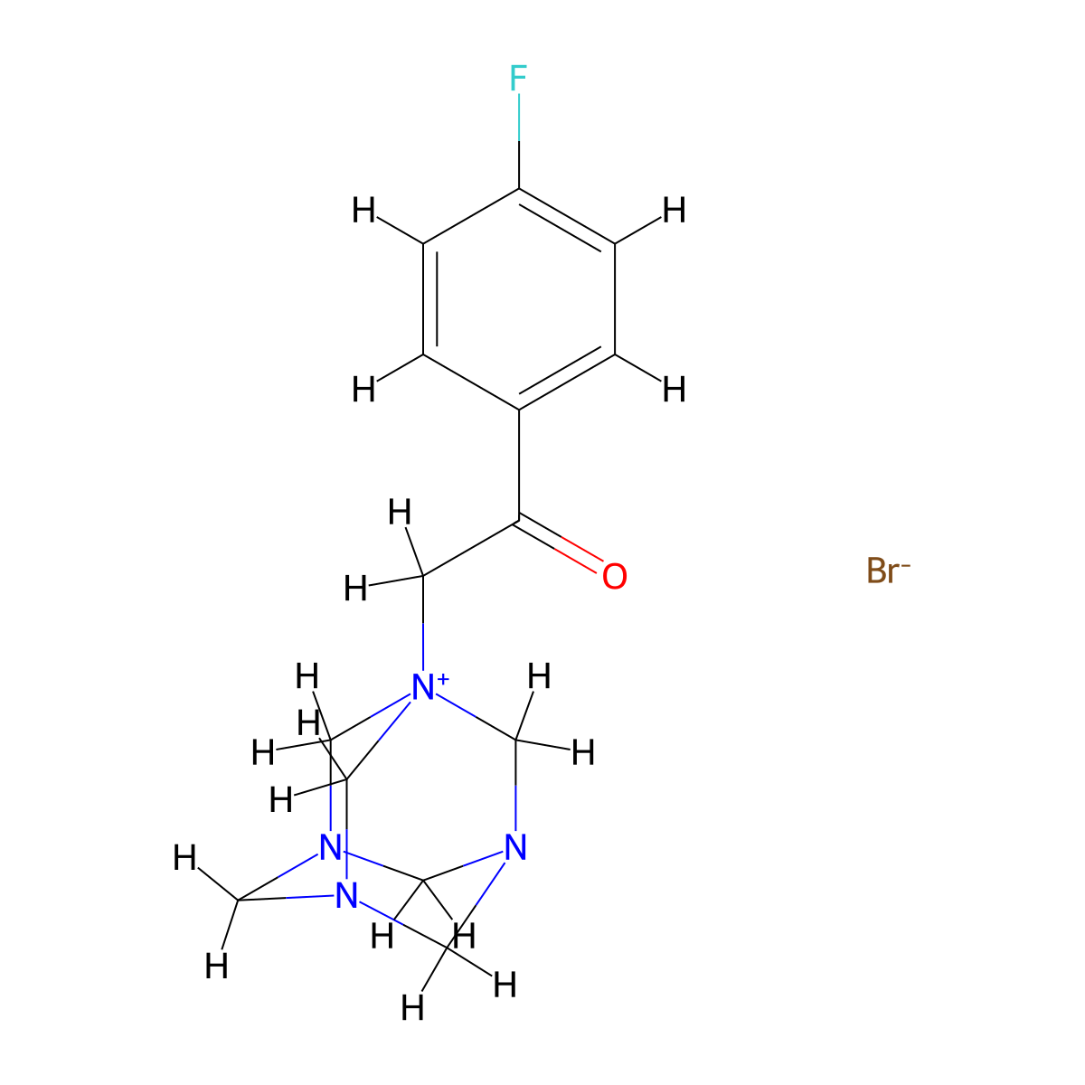 1-(4-Fluorophenyl)-2-(3,5,7-triaza-1-azoniatricyclo[3.3.1.13,7]decan-1-yl)ethanone;bromide molecular structure, CAS 7468-87-3