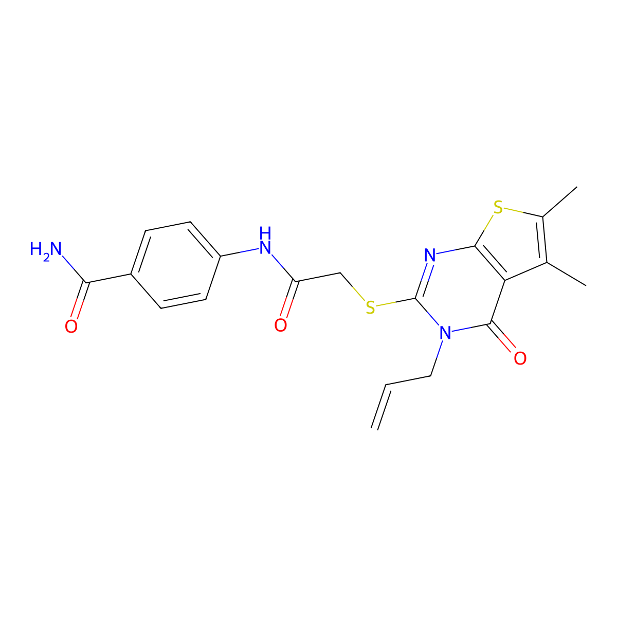 4-(2-{[5,6-dimethyl-4-oxo-3-(prop-2-en-1-yl)-3H,4H-thieno[2,3-d]pyrimidin-2-yl]sulfanyl}acetamido)benzamide molecular structure, CAS 747410-17-9