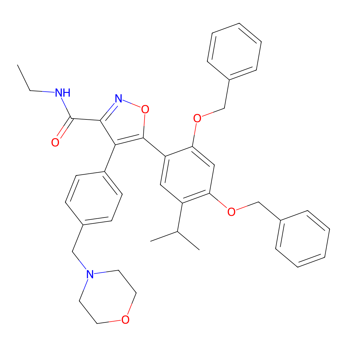 5-(2,4-bis(benzyloxy)-5-isopropylphenyl)-N-ethyl-4-(4-(morpholinomethyl)phenyl)isoxazole-3-carboxamide molecular structure, CAS 747414-24-0