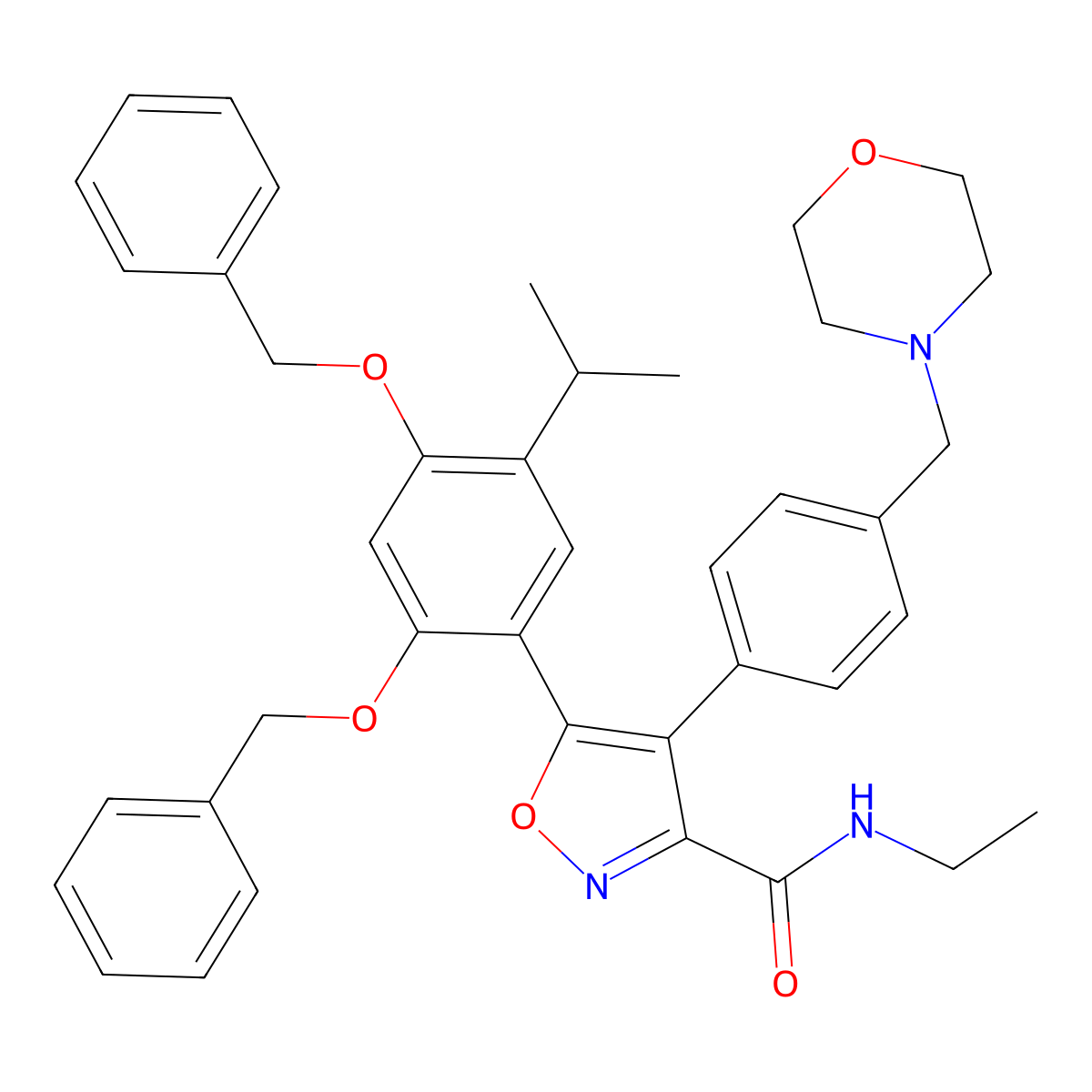 5-(2,4-bis(benzyloxy)-5-isopropylphenyl)-N-ethyl-4-(4-(morpholinomethyl)phenyl)isoxazole-3-carboxamide molecular structure, CAS 747414-24-0