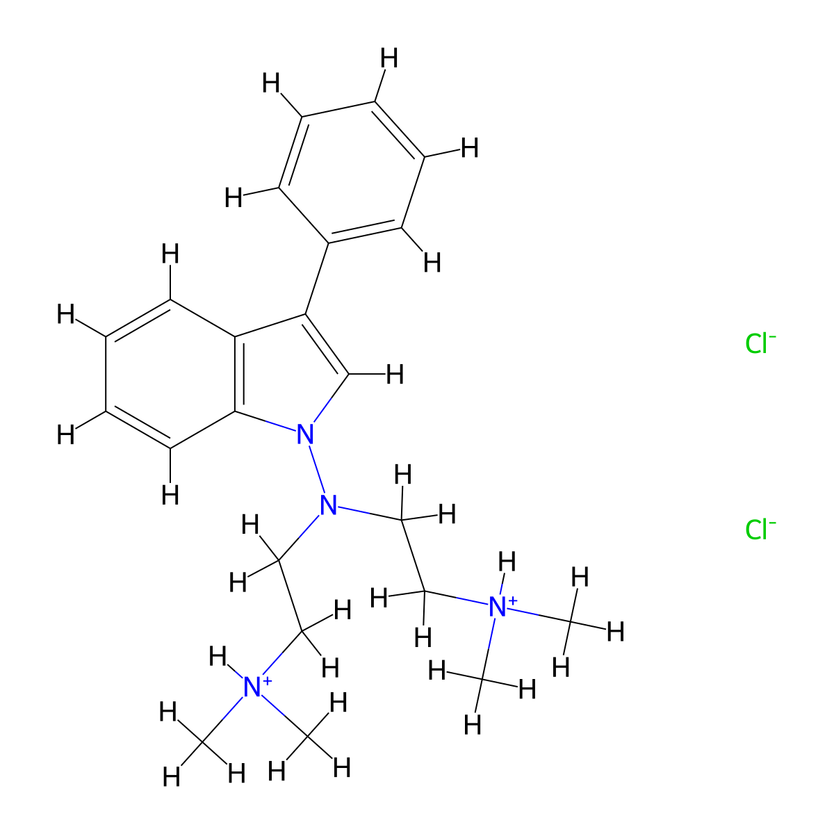 Indole, 1-(bis(2-(dimethylamino)ethyl)amino)-3-phenyl-, dihydrochloride, hydrate molecular structure, CAS 74758-19-3