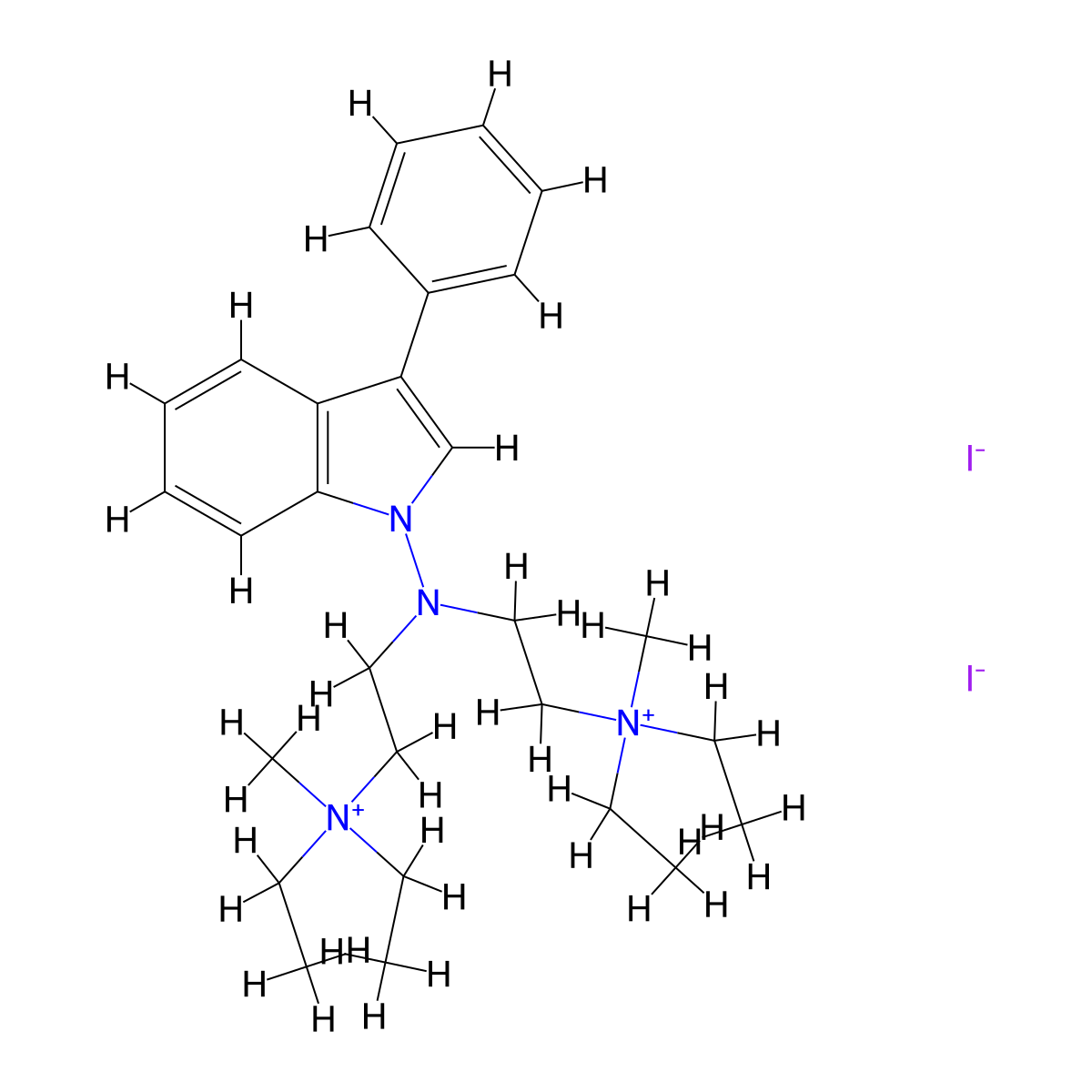 Ammonium, (N-(3-phenyl-1-indolyl)iminodiethylene)bis(diethylmethyl-, diiodide molecular structure, CAS 74758-21-7