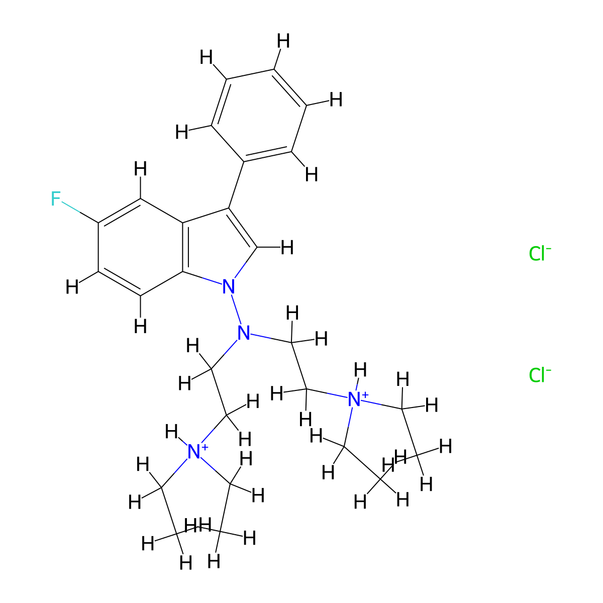 Indole, 1-(bis(2-(diethylamino)ethyl)amino)-5-fluoro-3-phenyl-, dihydrochloride molecular structure, CAS 74758-22-8