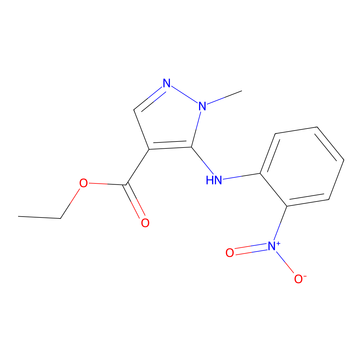 1-methyl-5-(2-nitro-phenylamino)-1H-pyrazole-4-carboxylic acid ethyl ester molecular structure, CAS 74772-07-9