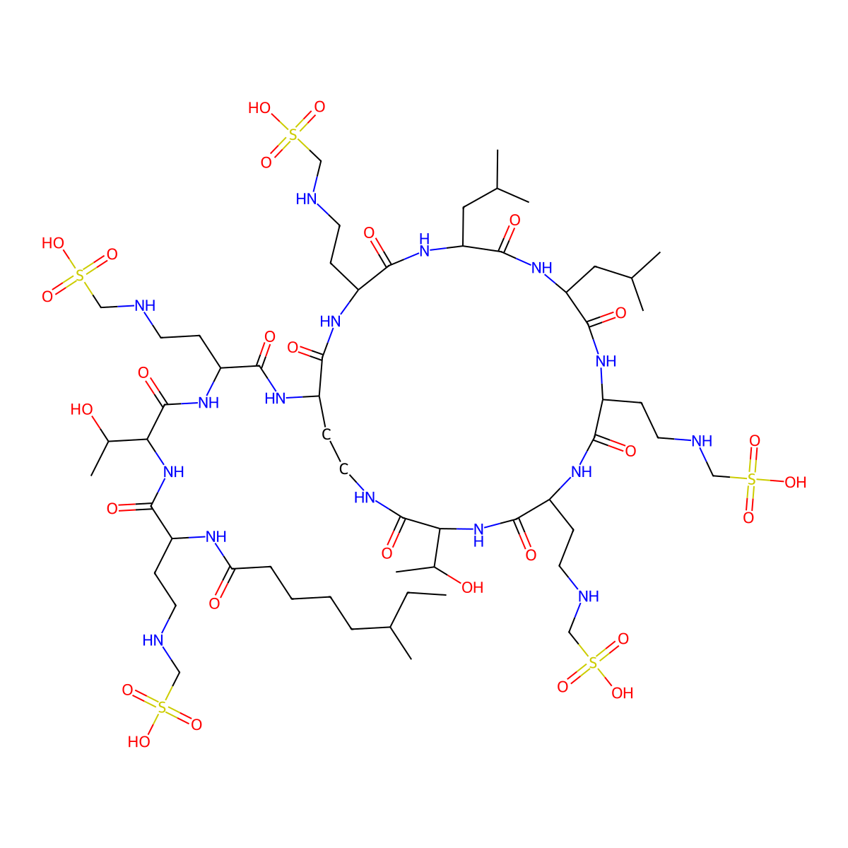 [2-[17-(1-Hydroxyethyl)-22-[[2-[[3-hydroxy-2-[[2-(6-methyloctanoylamino)-4-(sulfomethylamino)butanoyl]amino]butanoyl]amino]-4-(sulfomethylamino)butanoyl]amino]-5,8-bis(2-methylpropyl)-3,6,9,12,15,18,23-heptaoxo-11,14-bis[2-(sulfomethylamino)ethyl]-1,4,7,10,13,16,19-heptazacyclotricos-2-yl]ethylamino]methanesulfonic acid molecular structure, CAS 748069-57-0