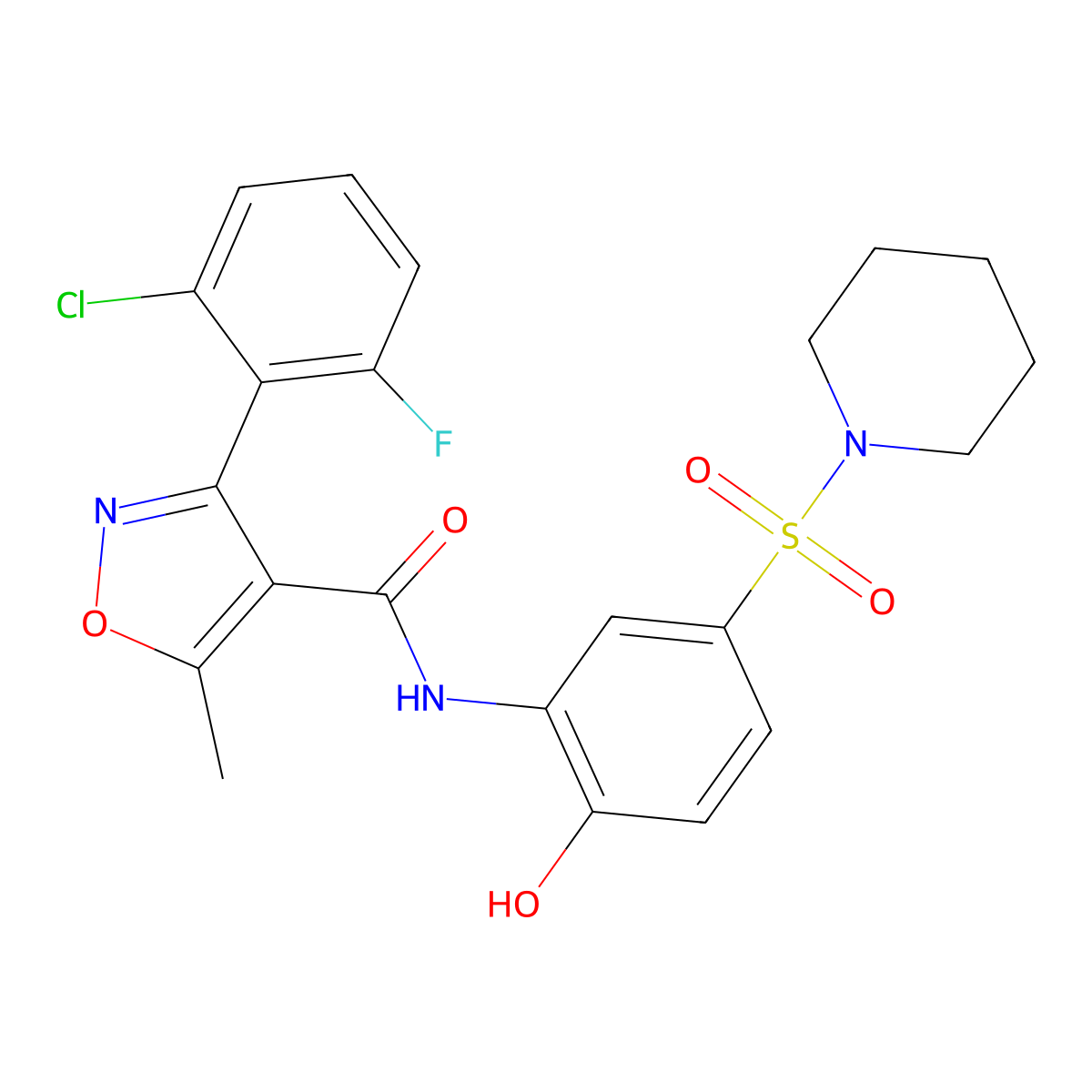 3-(2-chloro-6-fluorophenyl)-N-(2-hydroxy-5-(piperidin-1-ylsulfonyl)phenyl)-5-methylisoxazole-4-carboxamide molecular structure, CAS 748146-36-3