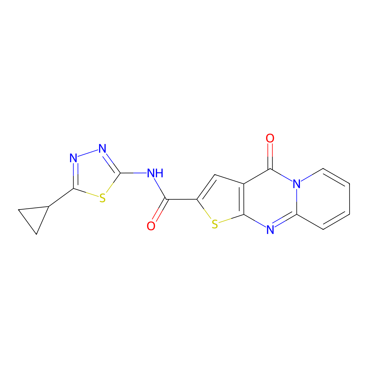 N-(5-cyclopropyl-1,3,4-thiadiazol-2-yl)-2-oxo-6-thia-1,8-diazatricyclo[7.4.0.0^{3,7}]trideca-3(7),4,8,10,12-pentaene-5-carboxamide molecular structure, CAS 748149-74-8