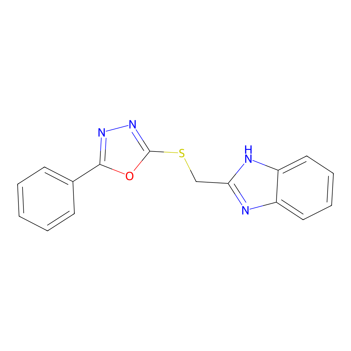1H-Benzimidazole, 2-(((5-phenyl-1,3,4-oxadiazol-2-yl)thio)methyl)- molecular structure, CAS 74822-64-3