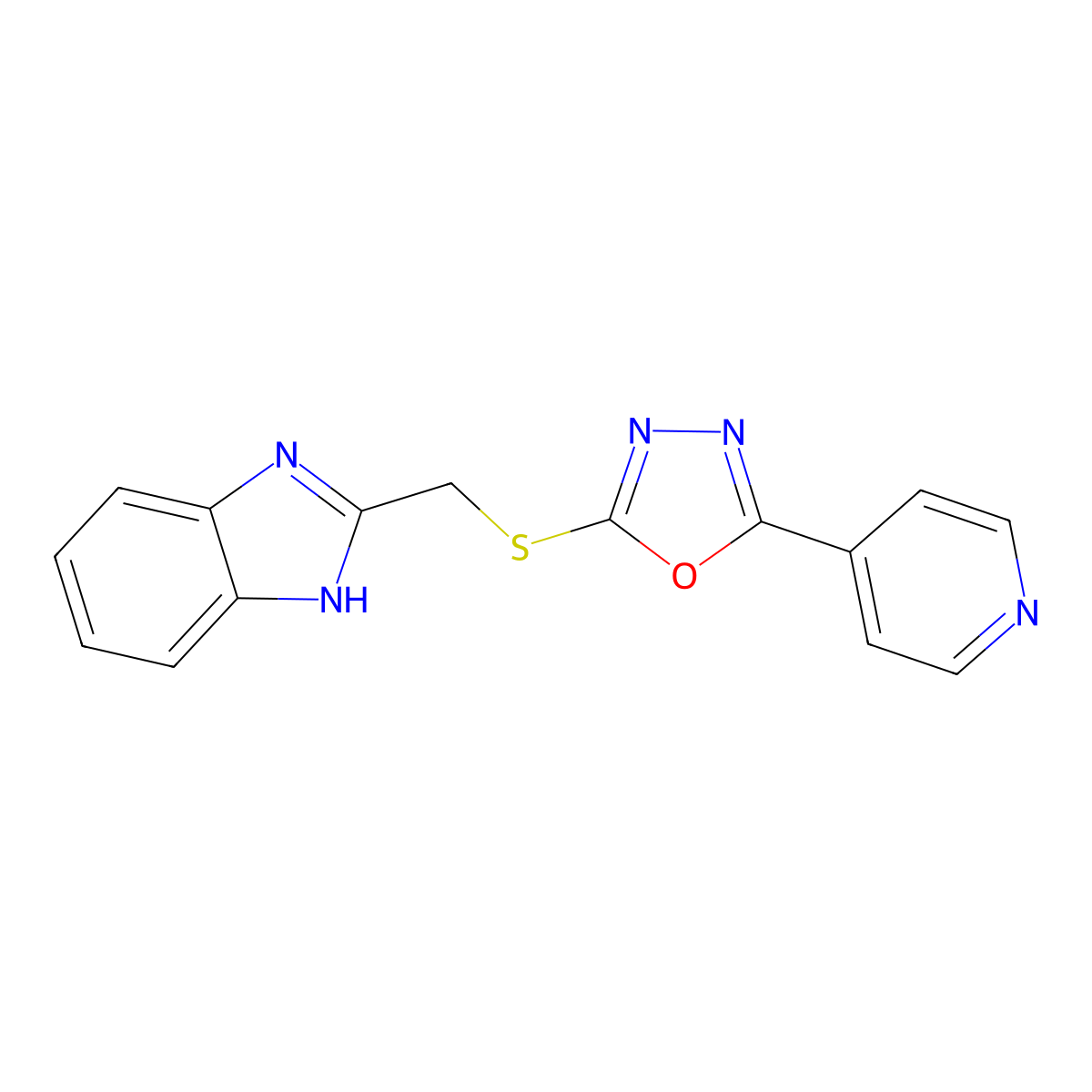1H-Benzimidazole, 2-(((5-(4-pyridinyl)-1,3,4-oxadiazol-2-yl)thio)methyl)- molecular structure, CAS 74822-88-1