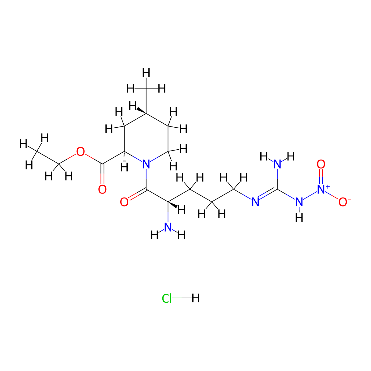 Ethyl (2R,4R)-1-((2S)-2-amino-5-(N'-nitrocarbamimidamido)pentanoyl)-4-methylpiperidine-2-carboxylate hydrochloride molecular structure, CAS 74874-08-1
