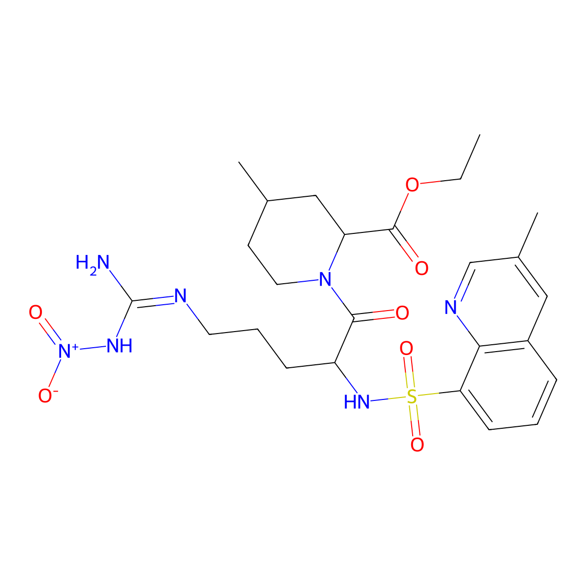 Ethyl (2R,4R)-1-[(2S)-5-[[imino(nitroamino)methyl]amino]-2-[[(3-methyl-8-quinolinyl)sulfonyl]amino]-1-oxopentyl]-4-methyl-2-piperidinecarboxylate molecular structure, CAS 74874-09-2