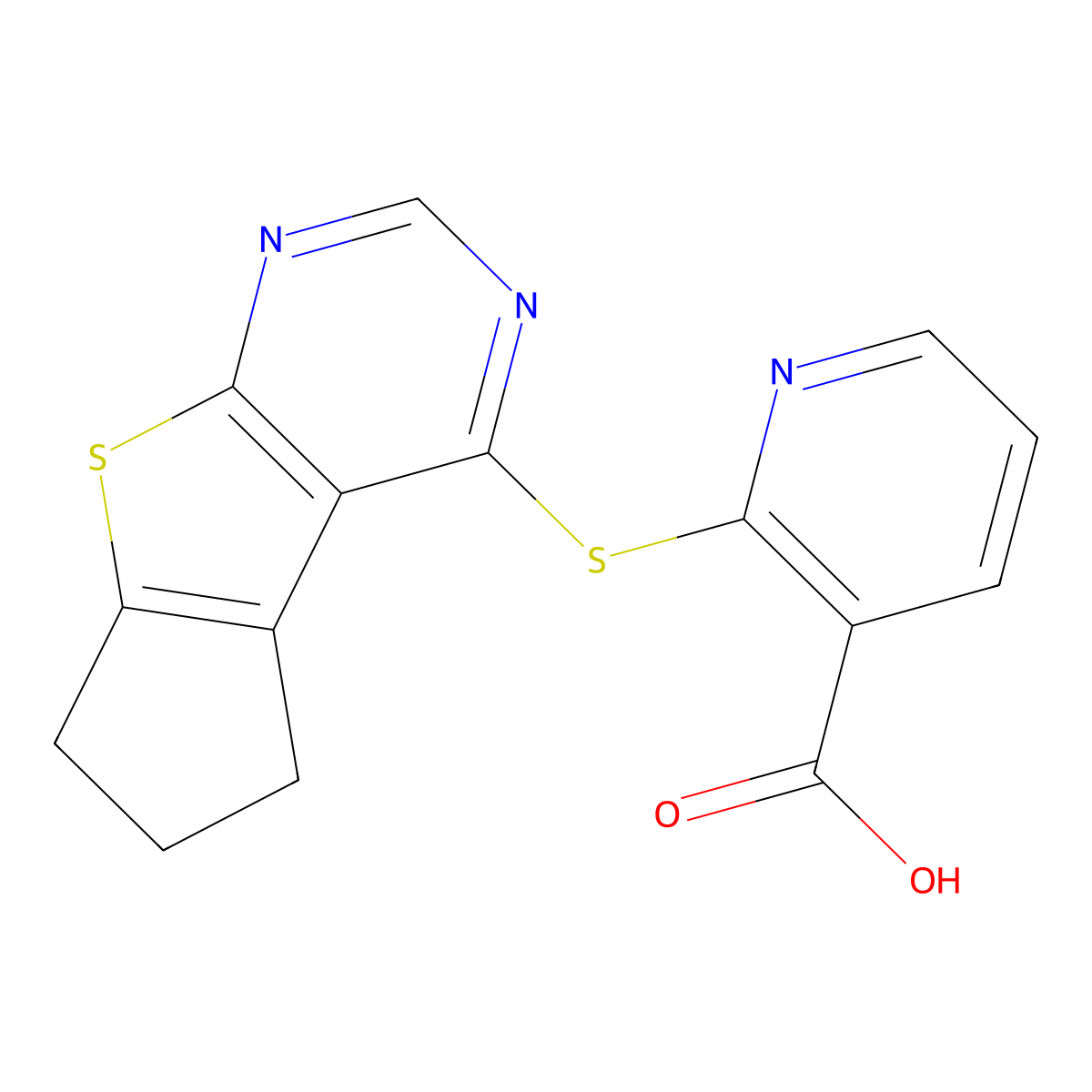 2-(2,3-Dihydro-1H-8-thia-5,7-diaza-cyclopenta[a]inden-4-ylsulfanyl)-nicotinic acid molecular structure, CAS 748778-81-6