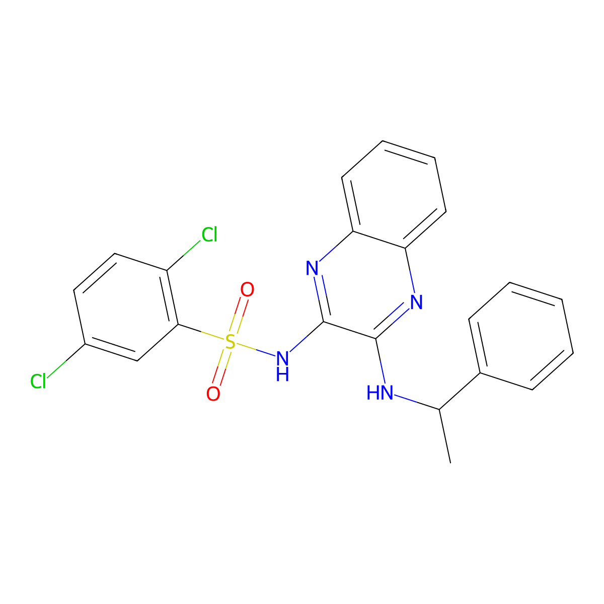 2,5-dichloro-N-{3-[(1-phenylethyl)amino]quinoxalin-2-yl}benzene-1-sulfonamide molecular structure, CAS 748779-13-7