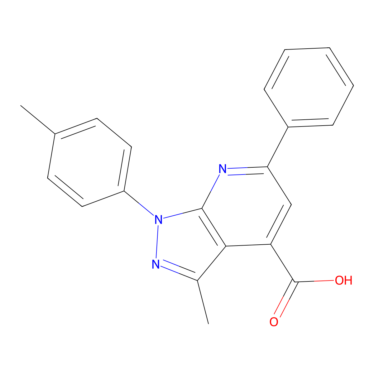 3-methyl-1-(4-methylphenyl)-6-phenyl-1H-pyrazolo[3,4-b]pyridine-4-carboxylic acid molecular structure, CAS 749216-18-0