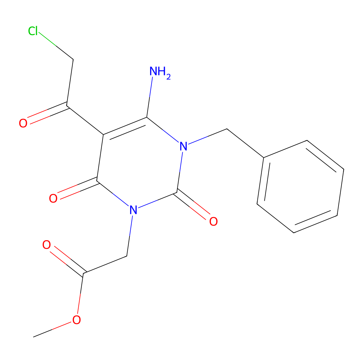 Methyl 2-[4-amino-3-benzyl-5-(2-chloroacetyl)-2,6-dioxo-1,2,3,6-tetrahydropyrimidin-1-yl]acetate molecular structure, CAS 749219-02-1