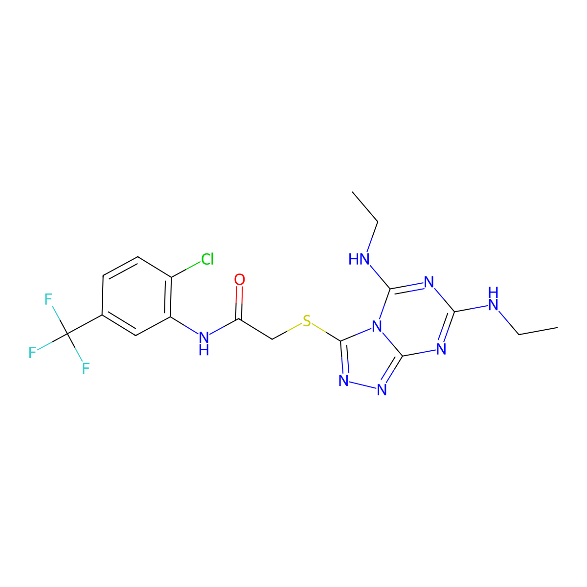 2-[[5,7-bis(ethylamino)-[1,2,4]triazolo[4,3-a][1,3,5]triazin-3-yl]sulfanyl]-N-[2-chloro-5-(trifluoromethyl)phenyl]acetamide molecular structure, CAS 749220-31-3