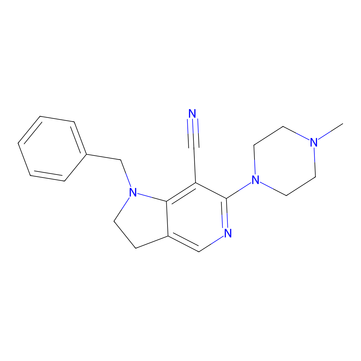 1H-Pyrrolo(3,2-c)pyridine-7-carbonitrile, 2,3-dihydro-1-benzyl-6-(4-methyl-1-piperazinyl)- molecular structure, CAS 74976-24-2