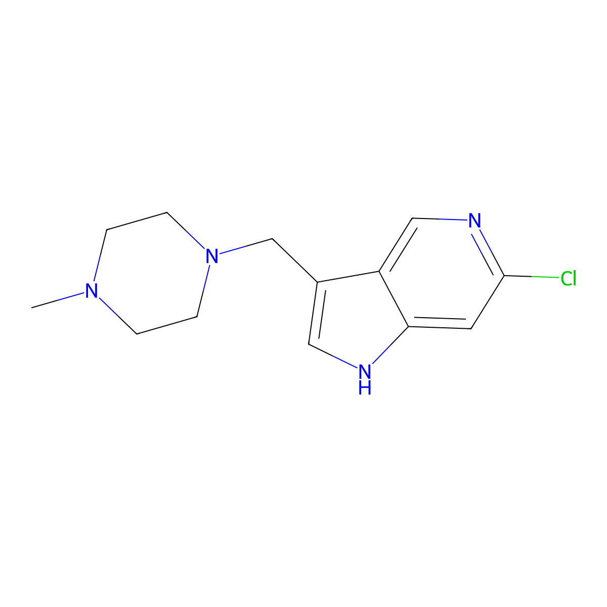 6-Chloro-3-((4-methyl-1-piperazinyl)methyl)-1H-pyrrolo(3,2-c)pyridine molecular structure, CAS 74976-33-3