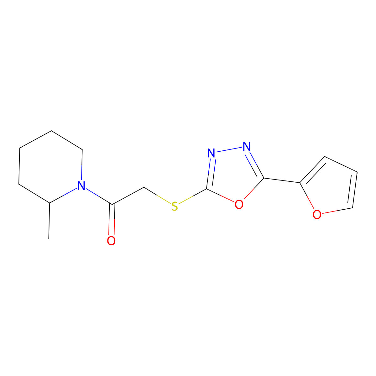 2-((5-(Furan-2-yl)-1,3,4-oxadiazol-2-yl)thio)-1-(2-methylpiperidin-1-yl)ethanone molecular structure, CAS 749872-31-9
