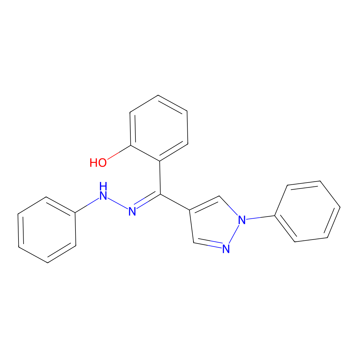 2-[(1-phenyl-1H-pyrazol-4-yl)(2-phenylhydrazin-1-ylidene)methyl]phenol molecular structure, CAS 74990-94-6