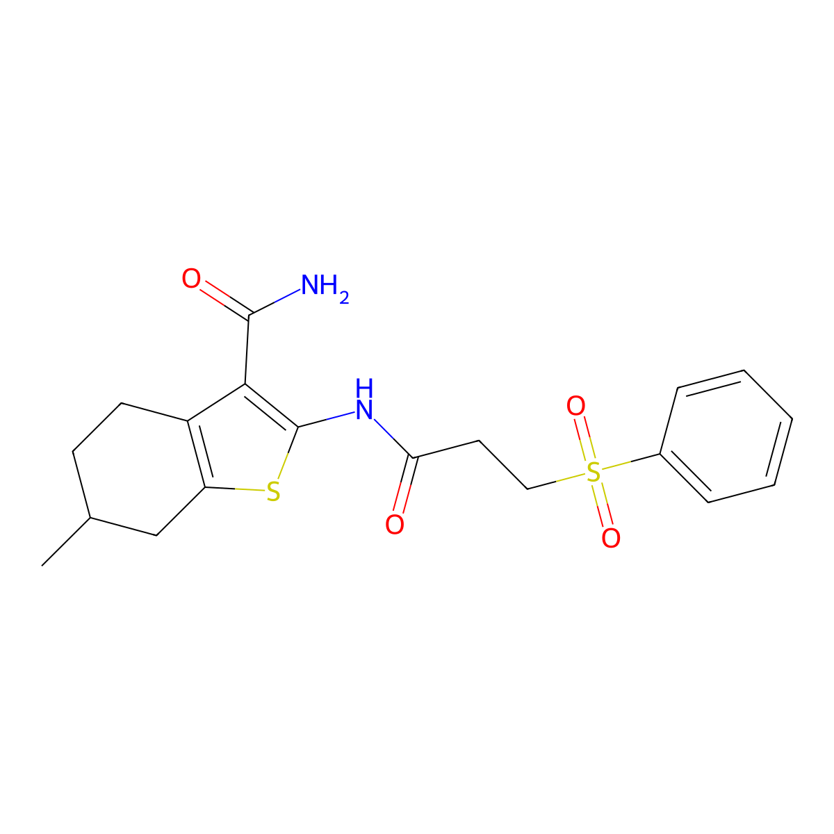 6-Methyl-2-(3-(phenylsulfonyl)propanamido)-4,5,6,7-tetrahydrobenzo[b]thiophene-3-carboxamide molecular structure, CAS 749906-06-7