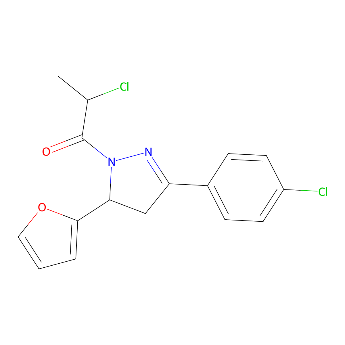 2-chloro-1-(3-(4-chlorophenyl)-5-(furan-2-yl)-4,5-dihydro-1H-pyrazol-1-yl)propan-1-one molecular structure, CAS 750598-96-0