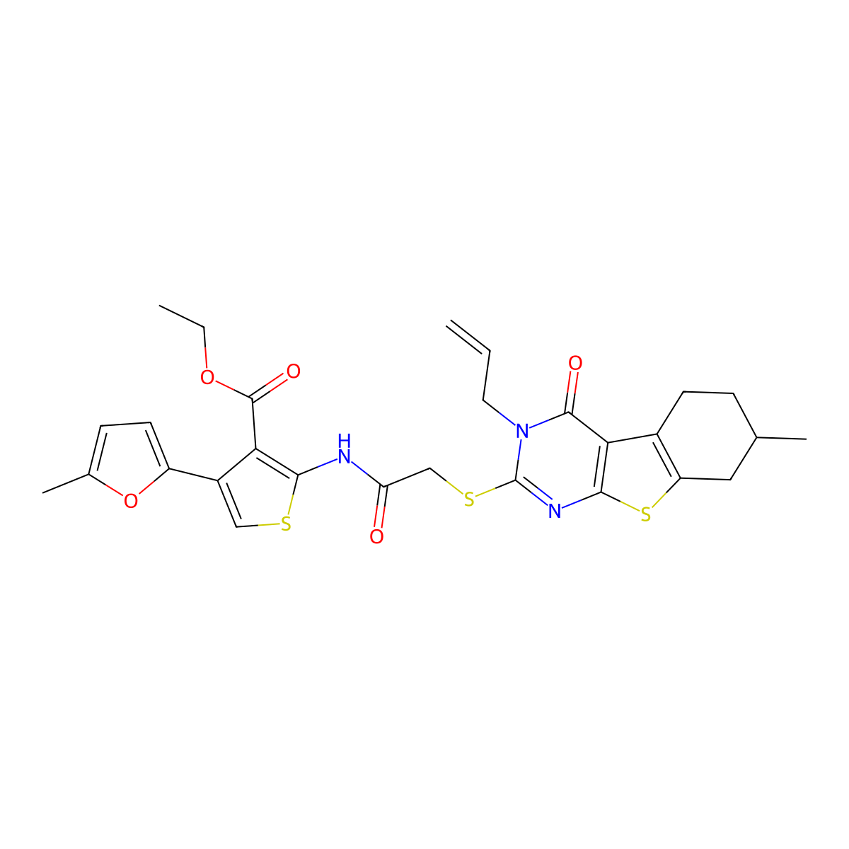 Ethyl 4-(5-methylfuran-2-yl)-2-[[2-[(7-methyl-4-oxo-3-prop-2-enyl-5,6,7,8-tetrahydro-[1]benzothiolo[2,3-d]pyrimidin-2-yl)sulfanyl]acetyl]amino]thiophene-3-carboxylate molecular structure, CAS 750603-92-0