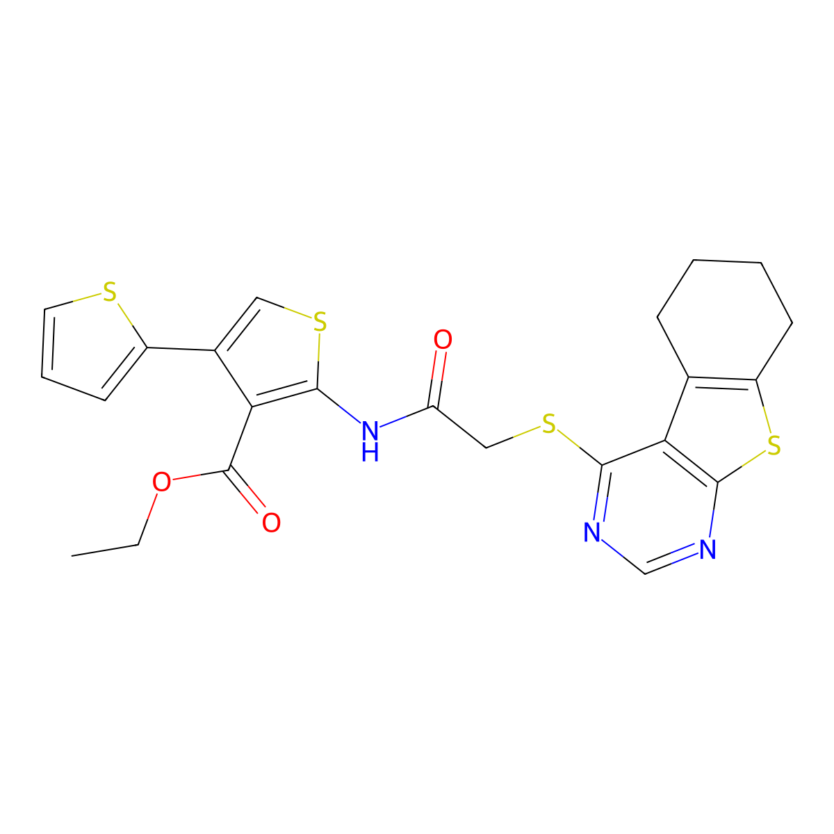 Ethyl 2-[[2-(5,6,7,8-tetrahydro-[1]benzothiolo[2,3-d]pyrimidin-4-ylsulfanyl)acetyl]amino]-4-thiophen-2-ylthiophene-3-carboxylate molecular structure, CAS 750603-96-4