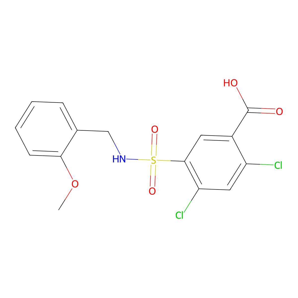 2,4-Dichloro-5-{[(2-methoxyphenyl)methyl]sulfamoyl}benzoic acid molecular structure, CAS 750613-66-2