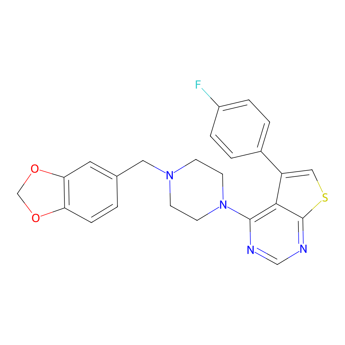 4-[4-(1,3-Benzodioxol-5-ylmethyl)piperazin-1-yl]-5-(4-fluorophenyl)thieno[2,3-d]pyrimidine molecular structure, CAS 750617-34-6