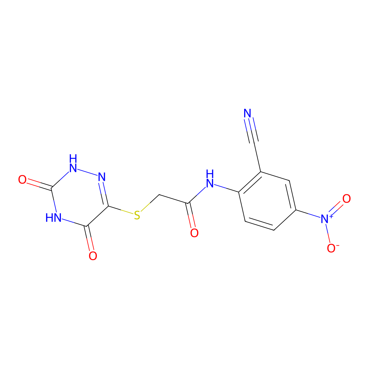 N-(2-Cyano-4-nitrophenyl)-2-((3,5-dioxo-2,3,4,5-tetrahydro-1,2,4-triazin-6-yl)thio)acetamide molecular structure, CAS 750619-17-1