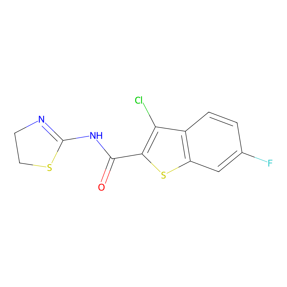 3-chloro-N-(4,5-dihydro-1,3-thiazol-2-yl)-6-fluoro-1-benzothiophene-2-carboxamide molecular structure, CAS 750621-19-3