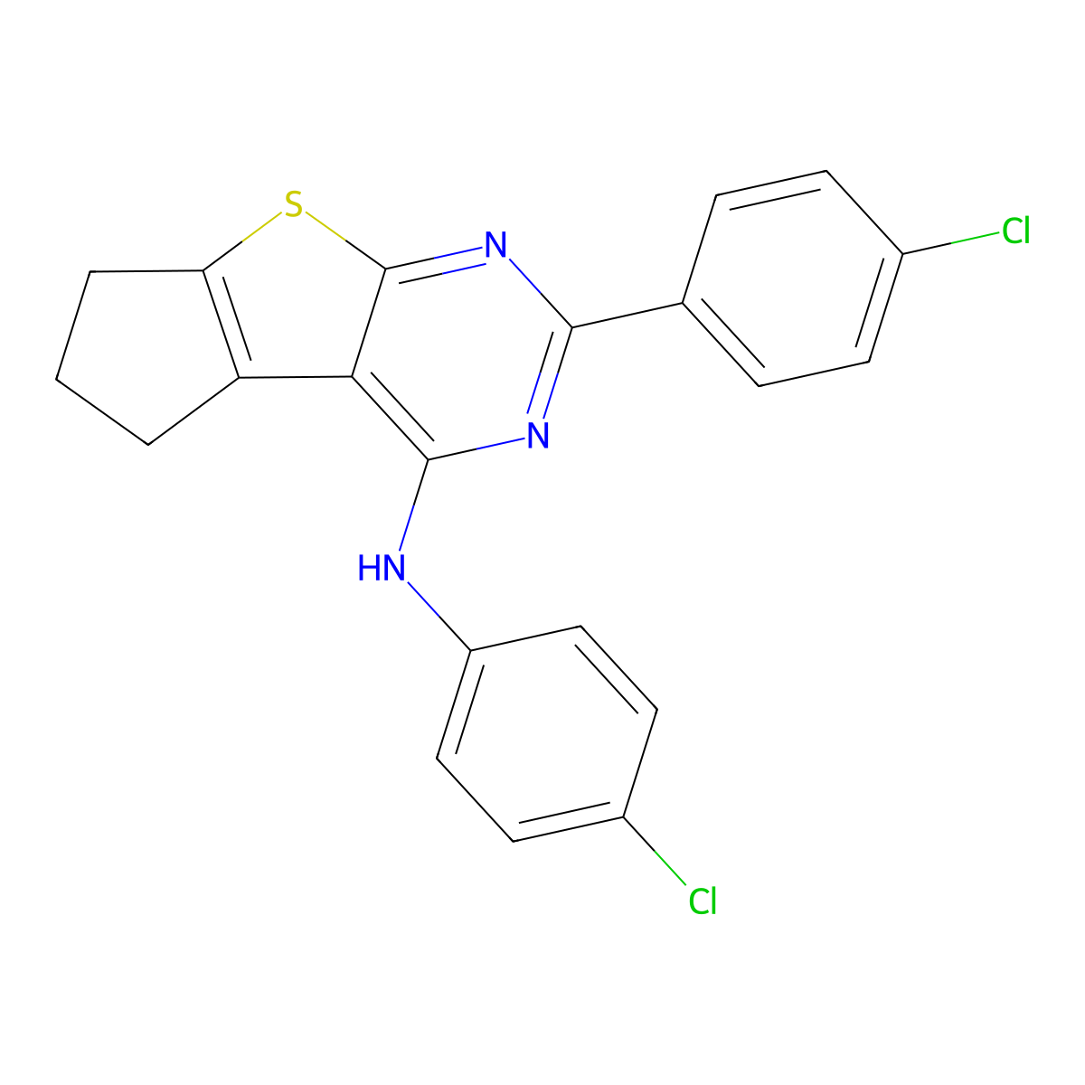 N,10-bis(4-chlorophenyl)-7-thia-9,11-diazatricyclo[6.4.0.0^{2,6}]dodeca-1(12),2(6),8,10-tetraen-12-amine molecular structure, CAS 750627-48-6