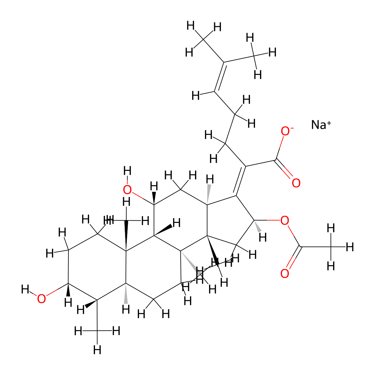 sodium (2Z)-2-[(3R,4S,5S,8S,9S,10S,11R,13R,14S,16S)-16-acetyloxy-3,11-dihydroxy-4,8,10,14-tetramethyl-2,3,4,5,6,7,9,11,12,13,15,16-dodecahydro-1H-cyclopenta[a]phenanthren-17-ylidene]-6-methylhept-5-enoate molecular structure, CAS 751-94-0