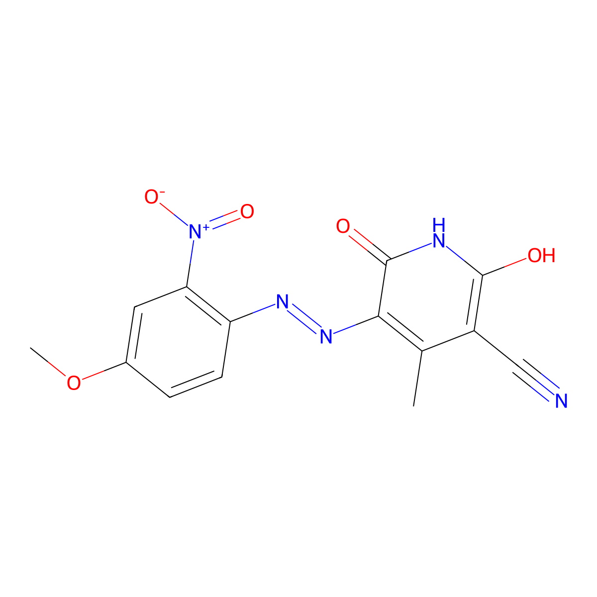 3-Pyridinecarbonitrile, 1,2-dihydro-6-hydroxy-5-[(4-methoxy-2-nitrophenyl)azo]-4-methyl-2-oxo- molecular structure, CAS 75125-55-2