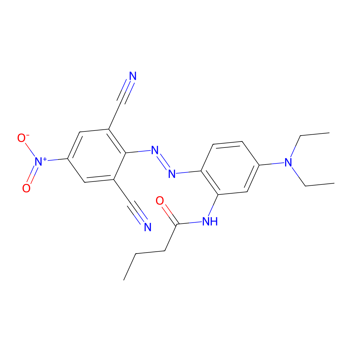 Butanamide, N-[2-[2-(2,6-dicyano-4-nitrophenyl)diazenyl]-5-(diethylamino)phenyl]- molecular structure, CAS 75125-56-3