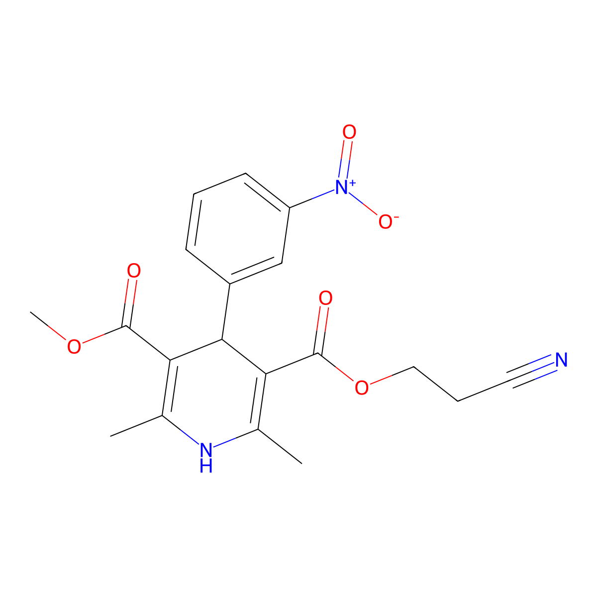 3,5-Pyridinedicarboxylic acid, 1,4-dihydro-2,6-dimethyl-4-(3-nitrophenyl)-, 3-(2-cyanoethyl) 5-methyl ester molecular structure, CAS 75130-24-4