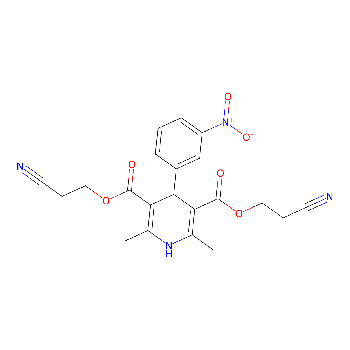 Bis(2-cyanoethyl) 2,6-dimethyl-4-(3-nitrophenyl)-1,4-dihydropyridine-3,5-dicarboxylate molecular structure, CAS 75130-34-6