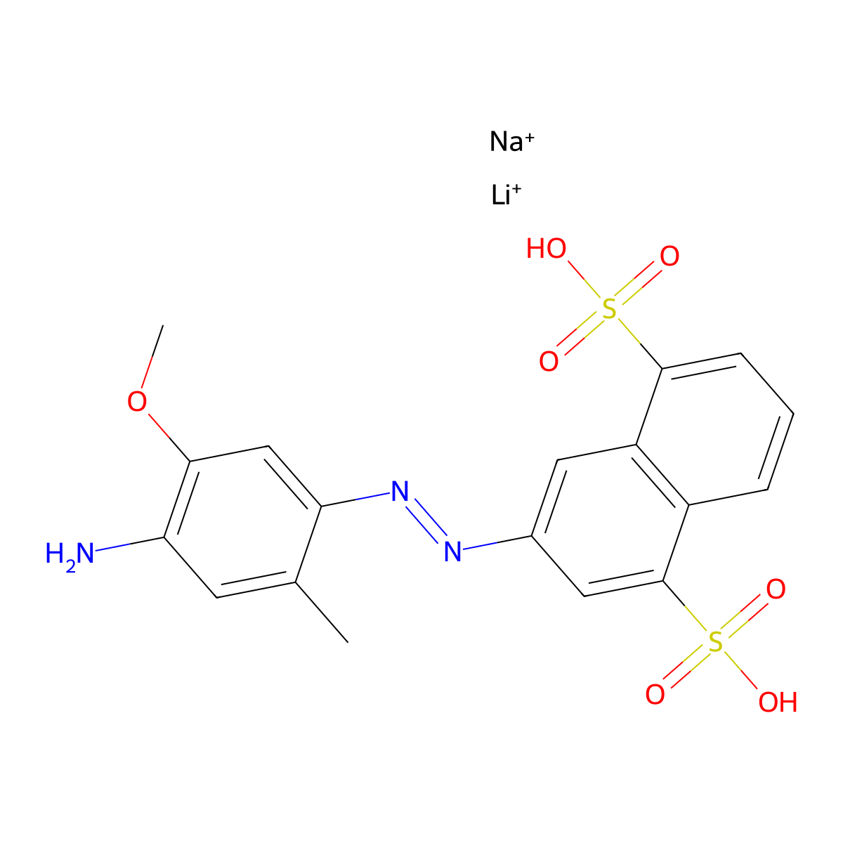 1,5-Naphthalenedisulfonic acid, 3-(2-(4-amino-5-methoxy-2-methylphenyl)diazenyl)-, lithium sodium salt (1:?:?) molecular structure, CAS 75198-80-0