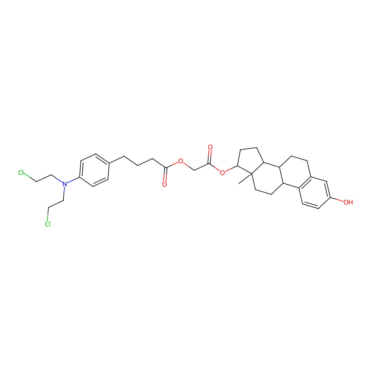 Estra-1,3,5(10)-triene-3,17-diol, (17-beta)-, 17-((4-(4-(bis(2-chloroethyl)amino)phenyl)-1-oxobutoxy)acetate) molecular structure, CAS 75219-45-3