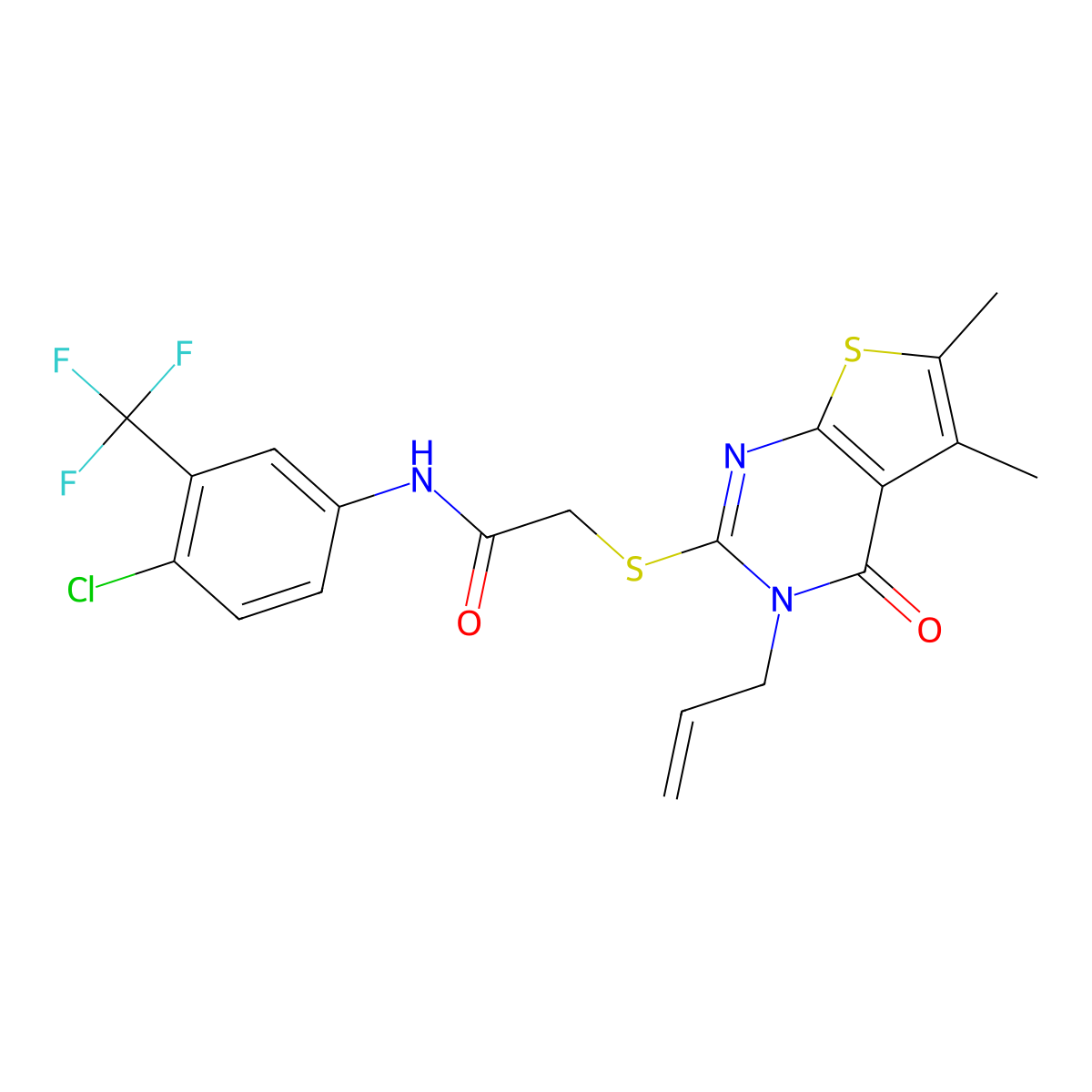 2-(5,6-dimethyl-4-oxo-3-prop-2-enyl(3-hydrothiopheno[2,3-d]pyrimidin-2-ylthio))-N-[4-chloro-3-(trifluoromethyl)phenyl]acetamide molecular structure, CAS 752229-11-1
