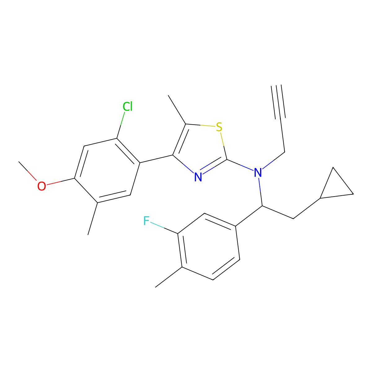 4-(2-Chloro-4-methoxy-5-methylphenyl)-N-((1S)-2-cyclopropyl-1-(3-fluoro-4-methylphenyl)ethyl)-5-methyl-N-2-propyn-1-yl-2-thiazolamine molecular structure, CAS 752253-39-7