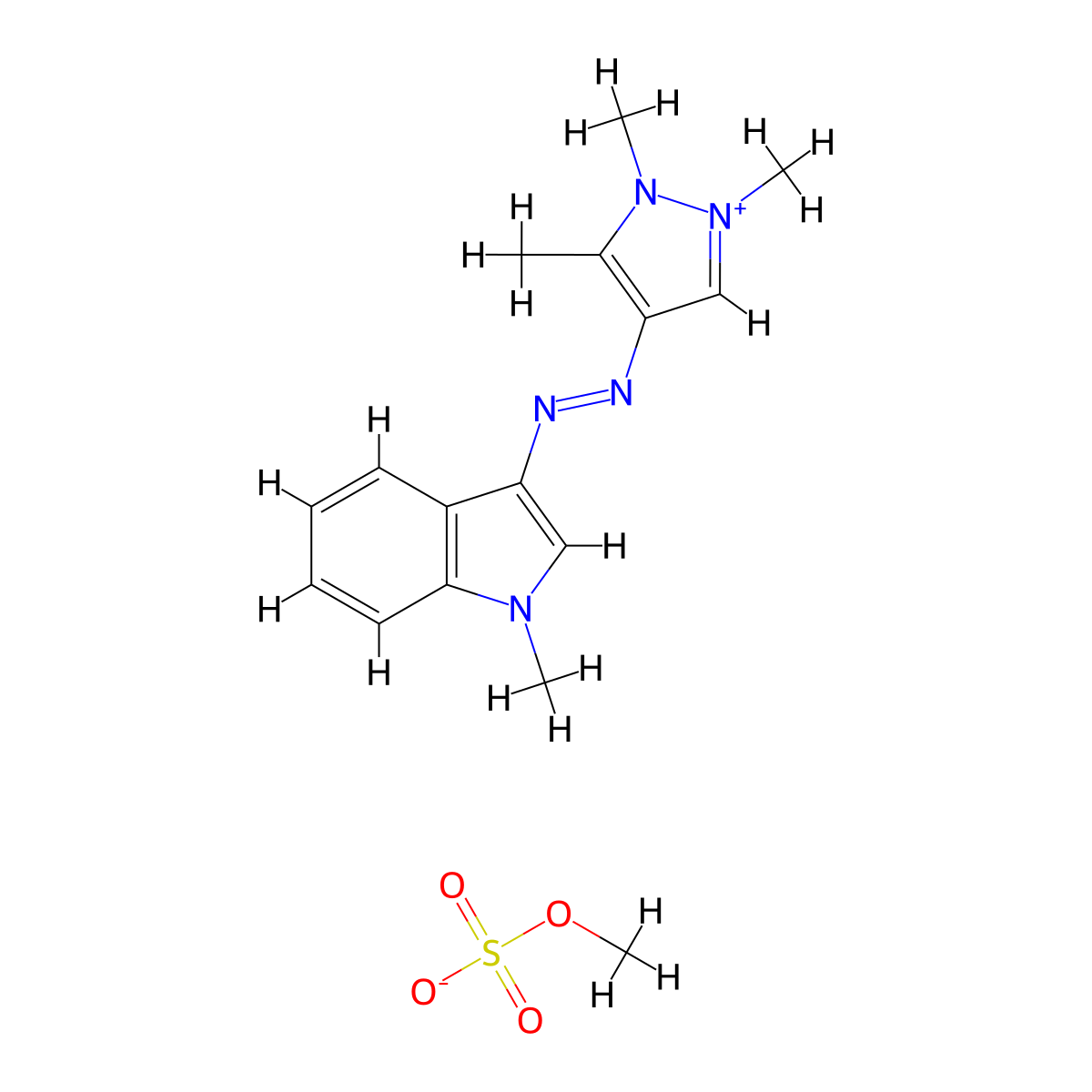 1,2,3-Trimethyl-5-((1-methyl-1H-indol-3-yl)azo)-1H-pyrazolium methyl sulphate molecular structure, CAS 75284-34-3