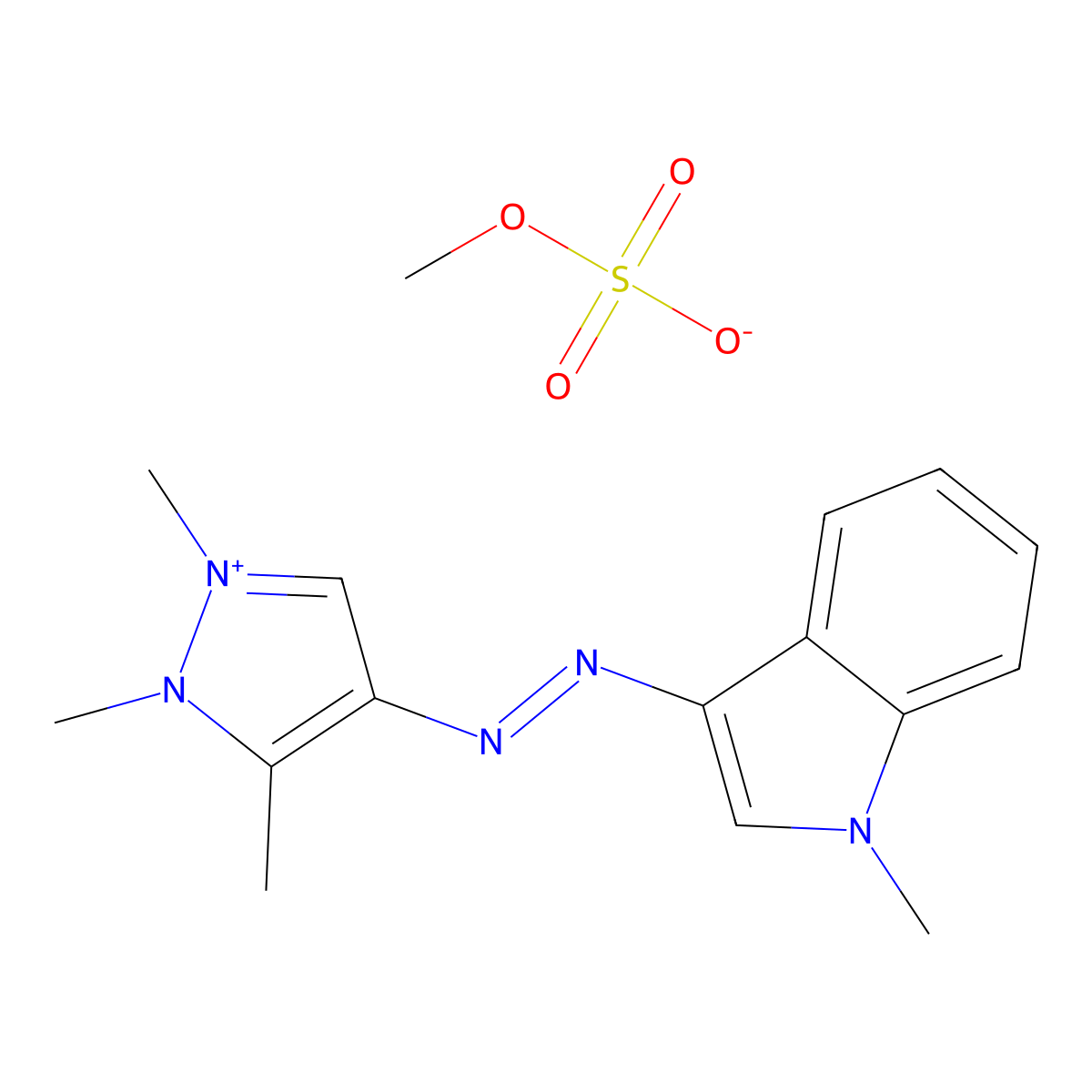 1,2,3-Trimethyl-5-((1-methyl-1H-indol-3-yl)azo)-1H-pyrazolium methyl sulphate molecular structure, CAS 75284-34-3