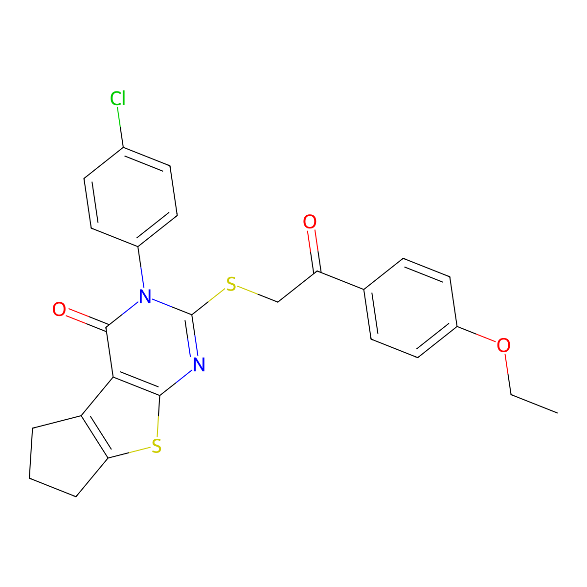 3-(4-chlorophenyl)-2-{[2-(4-ethoxyphenyl)-2-oxoethyl]sulfanyl}-3,5,6,7-tetrahydro-4H-cyclopenta[4,5]thieno[2,3-d]pyrimidin-4-one molecular structure, CAS 752988-99-1