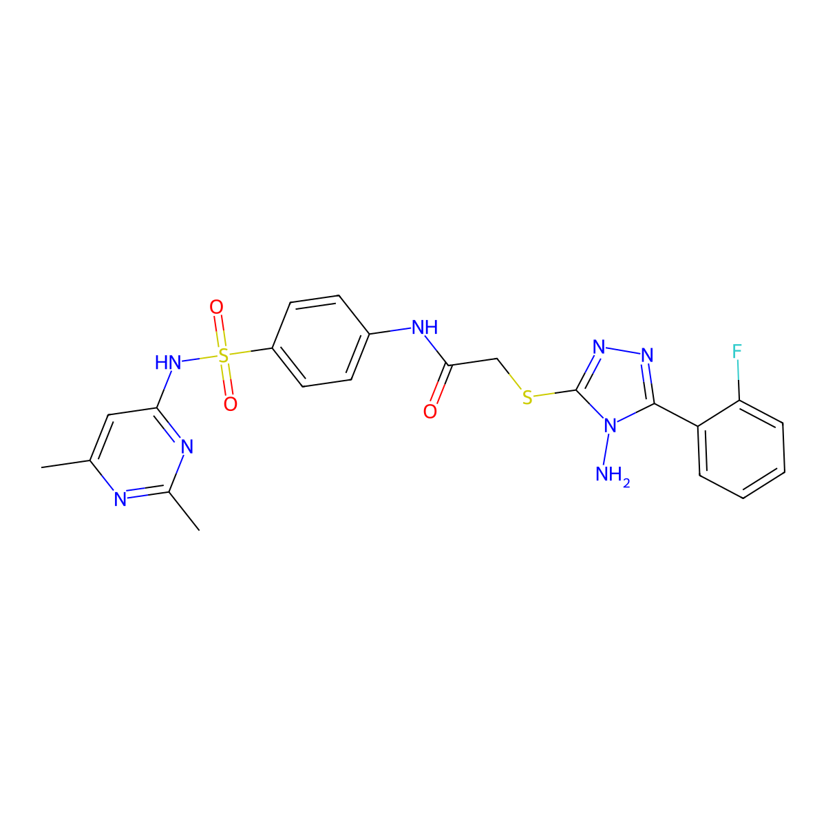 2-[4-amino-5-(2-fluorophenyl)(1,2,4-triazol-3-ylthio)]-N-(4-{[(2,6-dimethylpyr imidin-4-yl)amino]sulfonyl}phenyl)acetamide molecular structure, CAS 752991-25-6