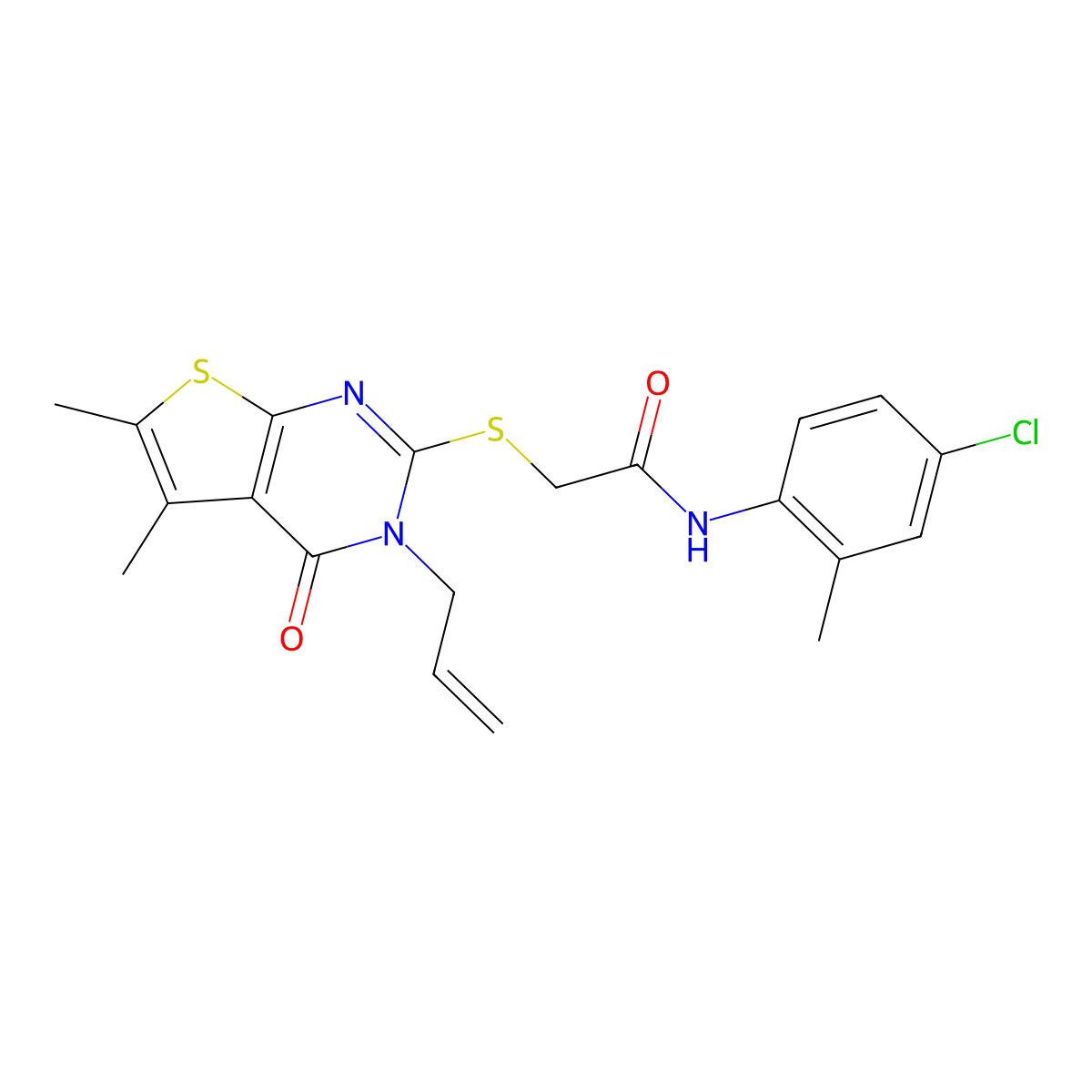 2-((3-allyl-5,6-dimethyl-4-oxo-3,4-dihydrothieno[2,3-d]pyrimidin-2-yl)thio)-N-(4-chloro-2-methylphenyl)acetamide molecular structure, CAS 752998-56-4